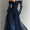 Sexy Navy Blue Tulle Evening Dress Off the Shoulder Full Sleeves A-Line Pleated Prom Gowns Women's Party Gown Dresses