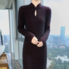 Women' 100%Pure Mink Cashmere Dress Stand-Up Collar Buckle Slim Knit Long Skirt High Waist Over The Knee Bottoming Dress