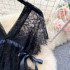 Lace Mesh Sensual Comfortable Mini Dress Women V Neck Lace-up Black Dress Sexy Party Hotsweet
