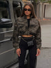 Camouflage Cropped Cargo Jacket Women Stand Collar Full Zip Multi Pockets Long Sleeve Jackets Autumn Casual Coat