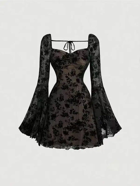 Sexy Womens Dress Temperament Embroidered Slim Elegant Evening Gown Long Sleeve Lace Strappy High Waist A-Line Vestido