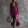 Elegant Women Velvet Lapel Double Breasted Long Sleeve Slit Midi Dress Autumn Winter Solid Color Slim Fit Female Party Dress
