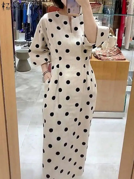Elegant Women Dots Print Dress Summer Slim 3/4 Sleeve Vestidos V-Neck Party Midi Robe Office Pocket Dresses
