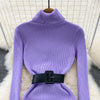 Elegant Turtleneck Long Sleeve Knit Soft Tight Pencil Dress with Belt Slim Warm Sweater Vestido Sexy Women Winter Robe