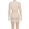 Sexy Burgundy Deep V-neck Mini Dress Women Elegant Full Sleeve Shoulder Pads Pleated Slim Short Dresses Lady Evening Party Gowns