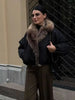 Faux Fur Collar Bomber Jacket For Women Autumn Winter Long Sleeve Coats Elegant Lady Chic High Street Outerwear