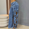 Women Streetwear Cutout Hollow Out Criss Cross Side Wide Leg Blue Denim Pants Sexy Party Jeans Trousers