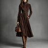 Women Autumn Winter Elegant Vintage Faux Suede Maxi Dress Zip‑Up Waist Tie Belt Cinched‑Waist Long Dress
