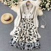 French Style Elegant Two Piece Sets Women Double Breasted Blazer Jacket + Mesh A-line Long Dress Korean Outfits