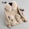 A18103 Women's Winter Wool Warm Real Fox Fur Hood Coat Lady Real Wool Long Coat Jacket Overcoat