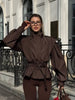 Women Solid Lace Up Lapel Jacket Casual Full Sleeve Wide Shoulder Waist Cinching Coats Autumn Office Commute Outwear