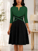 Womens Elegant Front Zipper Work Office A-Line Colorblock Business Casual Party Slim Fit And Flare Church Dress