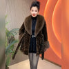 Women Autumn Winter Leopard Print Temperament Fur Coat Medium-Long High End Fur Collar With Belt Fur Jacket Overcoat