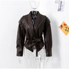 Women Leather Bomber Jackets Coats With Belt Notched Shoulder Pads Motorcycle Street Chic Short Outwear Solid Lace Up