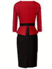 Women Elegan 3/4 Sleeve Round Neck Color Block Knee Length Cocktail Party Work Business Pleated Waistband Slim Pencil Dress