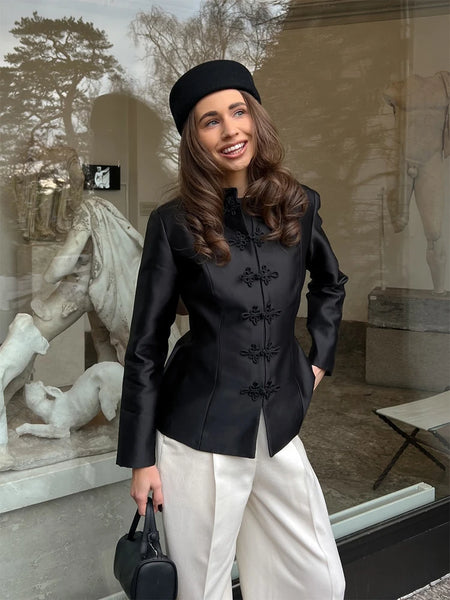 Satin Knot Button Short Coat Women Retro Full Sleeves Waist Cinching Single Breasted Coats Lady Spring Daily Wear