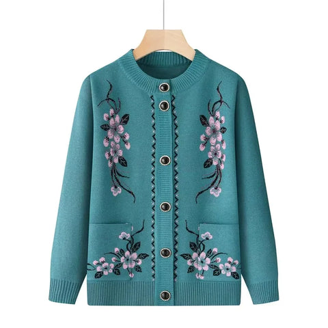 O-neck Women Autumn Winter Coat Middle-Aged Elderly Mother Knitting Cardigan Sweater Coat Warm Loose Jacket Grandma Clothin