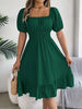 Solid Puff Sleeve Square Neck Ruched Bust Ruffle Hem Wasit Dress, Women's Clothing