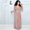 Elegant Women's Long Dress Long Sleeve Bronzing Pleated Dress With Belt High Waist V-neck Party Dresses Robe Femme