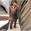 Zipper Plush Jacket Long Pants Lady Set Solid Color Lapel Jackets High Waist Slim Bell-Bottom Trousers Casual Women's Sets