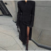 Black Tailored Long Coat Women Elegant Asymmetric Button Front Pockets Full Sleeve Criss-cross Neck Jacket Casual Outerwear