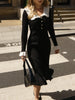 Ruffled Patchwork Knit Maxi Dress For Women Elegant Ribbed Long Sleeve Party Dress Gown Slim Knitwear Long Dress