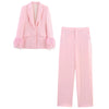Woman Pink Feather Pant Sets Women's Two Pieces Set Long Sleeve Suit Outfit Office Wear Woman High Waist Trousers Sets