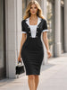 Women’s Retro Work Button Notched Neck Contrast Patchwork Knee Length Dresses Business Office Elegant Bodycon Sheath Dress