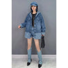 Retro Denim Hooded Coats for Women Blue Single Breasted Mid-length Loose Autumn Jackets