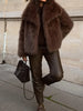 Solid Brown Fluffy Fur Jacket Women's Casual Lapel Loose Long Sleeves Thicken Warm Short Coat Winter Lady Commute Wear
