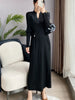Pleated Long Sleeve V-neck Dress Women Spring Korean Designer Casual Black Dresses Elegant Aesthetic Clothes