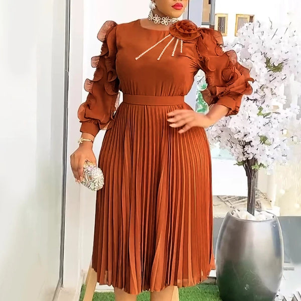 Women Vintage Elegant Pleated A Line Midi Dress with Ruffle Sleeves Stand Collar Rhinestone Stylish Formal Evening Party Outfits