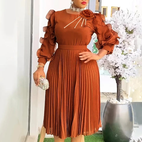 Women Vintage Elegant Pleated A Line Midi Dress with Ruffle Sleeves Stand Collar Rhinestone Stylish Formal Evening Party Outfits