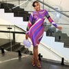 Women's Colorful Stripes Print O-Neck Long Sleeve Waistband Hips Wrapped Dress