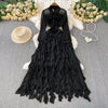 Retro Elegant V-neck ruffle lace-up pleated long sleeve A-line Casual High Waist Dress Women Autumn Dress