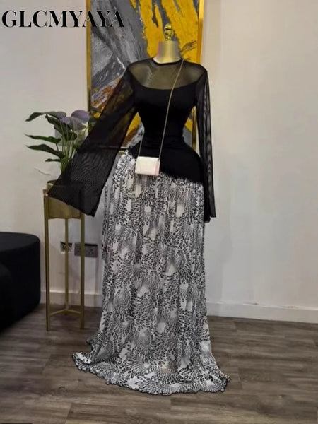 Women Print Full Sleeve O-neck Elegant Mesh Long Maxi Dress Fall Birthday Holiday Evening Sexy Party Dresses Vestidos