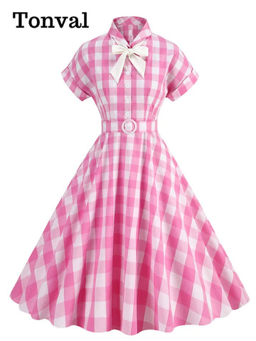 Turn Down Collar with Bow Buttons Vintage Cotton Long Dresses for Women Pink and White Gingham Print Elegant Swing Dress