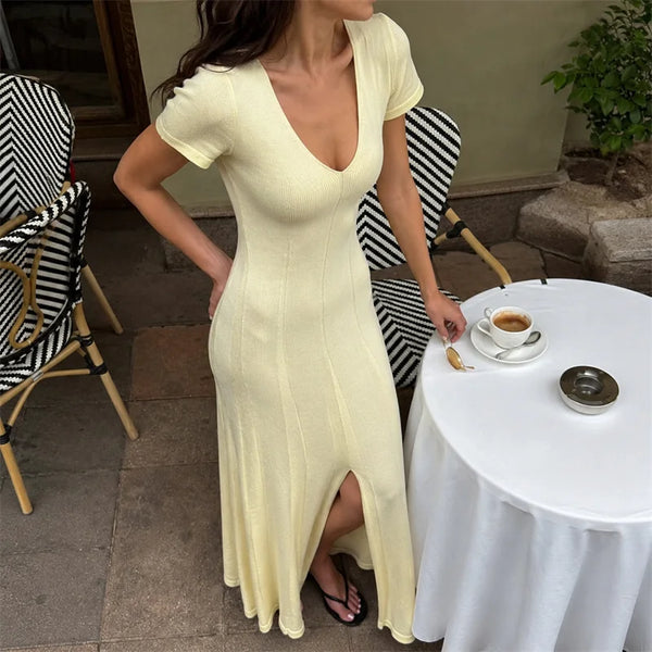 Ribbed Knit Maxi Dress For Women Deep V-Neck Slim High Slit Elegant Patchwork Commute Party Dress Women Knitwear Dress