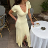 Ribbed Knit Maxi Dress For Women Deep V-Neck Slim High Slit Elegant Patchwork Commute Party Dress Women Knitwear Dress