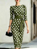 Women Polka Dot Bodycon Midi Dress 3/4 Puff Sleeve Boat Neck Contrast White Tie Waist Slim Pencil Formal Wedding Guest Dresses