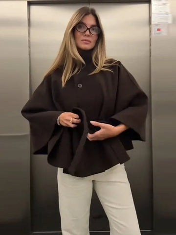 Faux Fur Cloak Jackets Women Loose Standneck Three Button Wide Sleeves Belt Coats Female Autumn Solid Chic Outwears