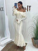 White Lace Patchwork Long Dress Women's Pleated Ruffle Sleeve Off shoulder bodycon See Through Vestidos Lady Party Gowns