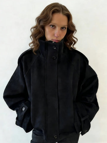 Stand Collar Woolen Bomber Jacket Women Chic Spring Autumn Long Sleeve Pocket Trench Coats Street Zipper Outerwear