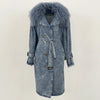 Lady Denim Jacket Mongolian Fur Collar Jacket Autumn Winter Long Trench Coat Fur Detachable Collar Fur Overcoats