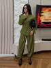 Women's Olive Green Two Piece Set Chic Padded Shoulder Cinched Waist Blazer High Waist Jogger Pants Streetwear Office Outfit
