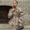 Khaki Lace Up Loose Windbreaker Women Vintage Lapel Long Sleeve Pockets Single Breasted Jackets Lady Daily Street Outerwear