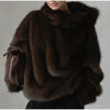 Women Dark Brown Faux Fur Coat Stand Neck Zipper Loose Solid Pullover Spring Chic Lady Casual High Street Outwear