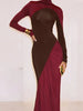 Contrast Patchwork Dress Woman Classic Ruched Turtleneck Full Sleeve Skinny Stretch Casual Elegant Vestidos