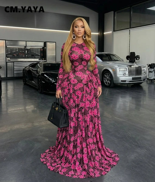 Women O-neck Long Sleeve Floral Print Pleated Maxi Dress Evening Sexy Party Birthday Vacation Long Dresses Vestidos