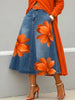 Streetwear Women's Red Floral Print Denim Midi Skirt High Waist A-Line Casual Swing Skirt Plus Size Flared Jean Skirt